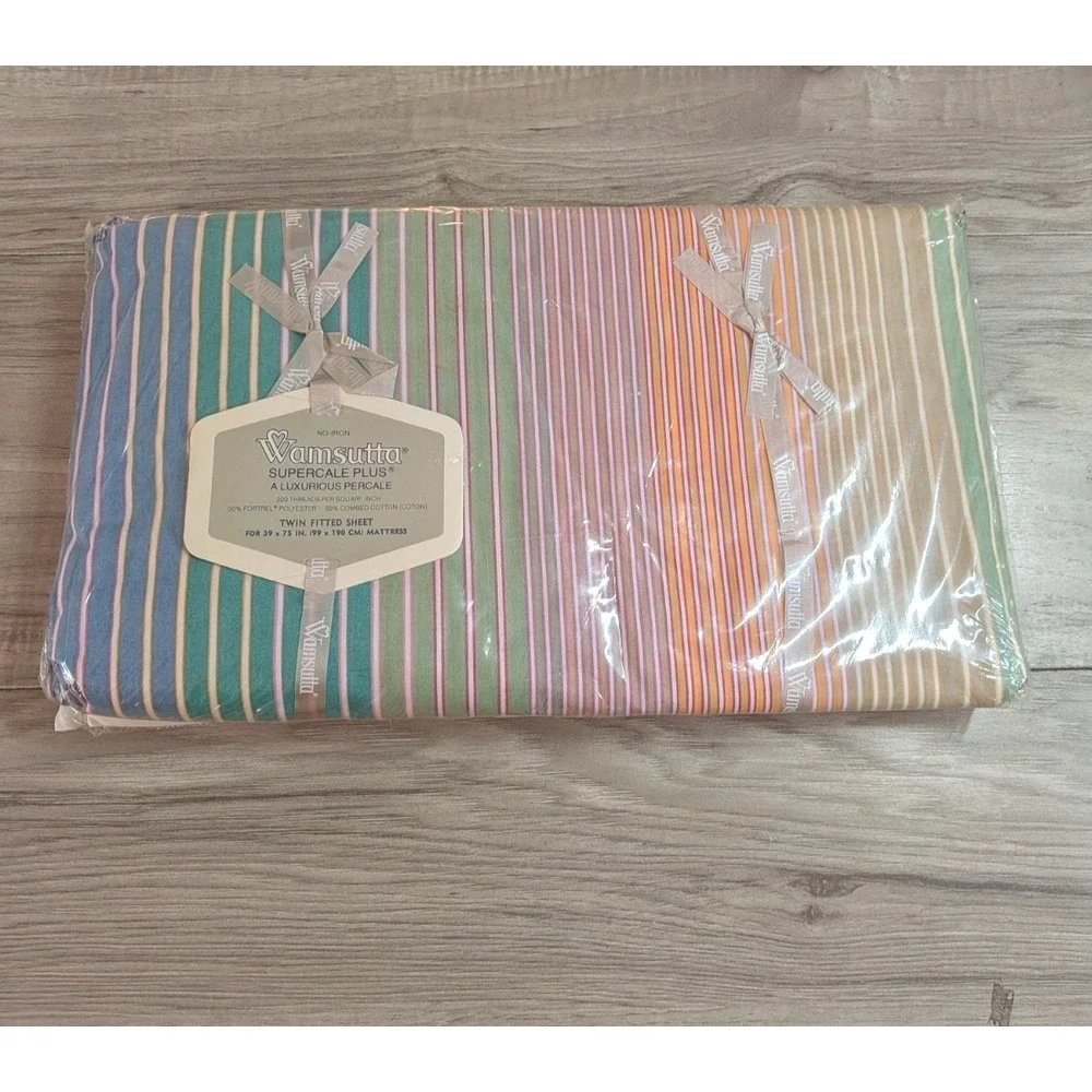 Vintage 1980s Wamsutta Prism Twin Fitted Sheet Striped Rainbow NEW Sealed